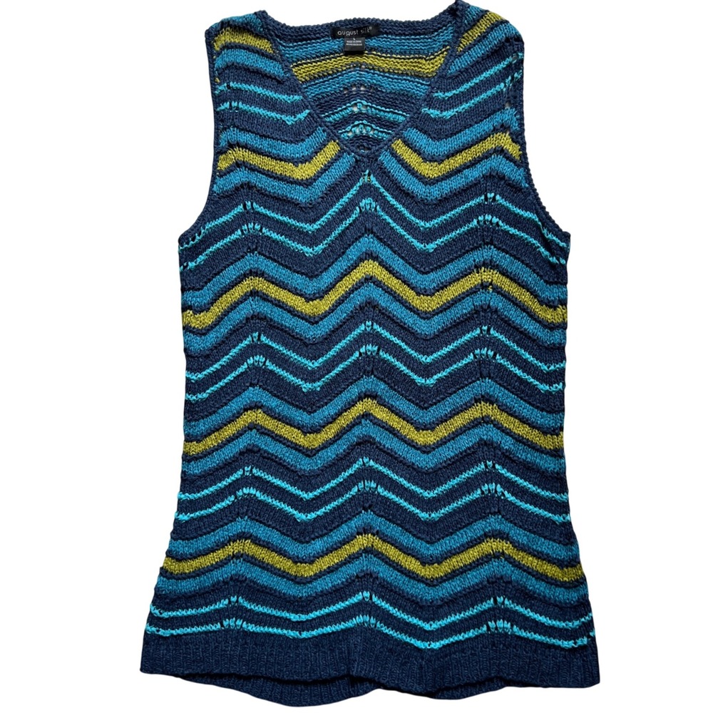 August Silk Womens Blue Green Chevron Knit V-Neck Sleeveless Sweater Vest Large